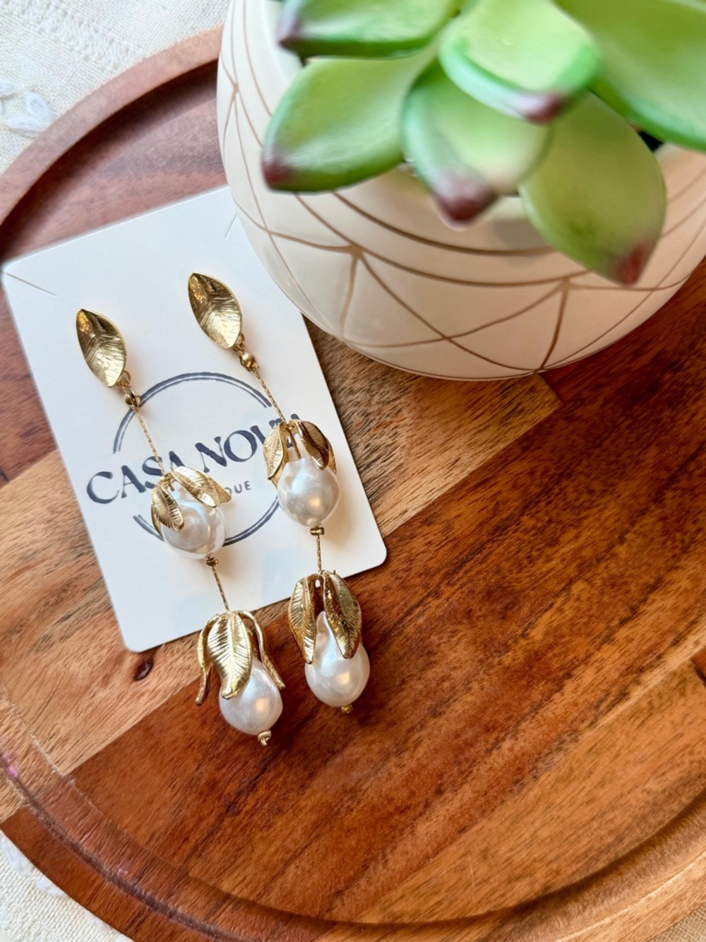 Gold Leaf & Pearl Drop Earrings - Gold